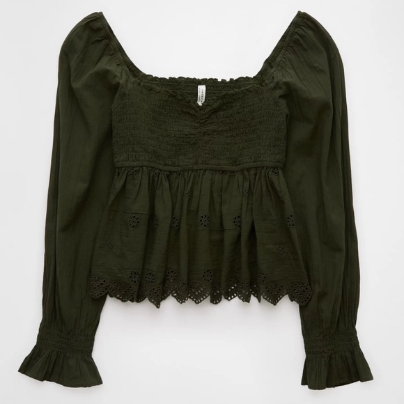 American Eagle Outfitters Tops - AE 100% Cotton Long-Sleeve Smocked Babydoll Blouse Size S